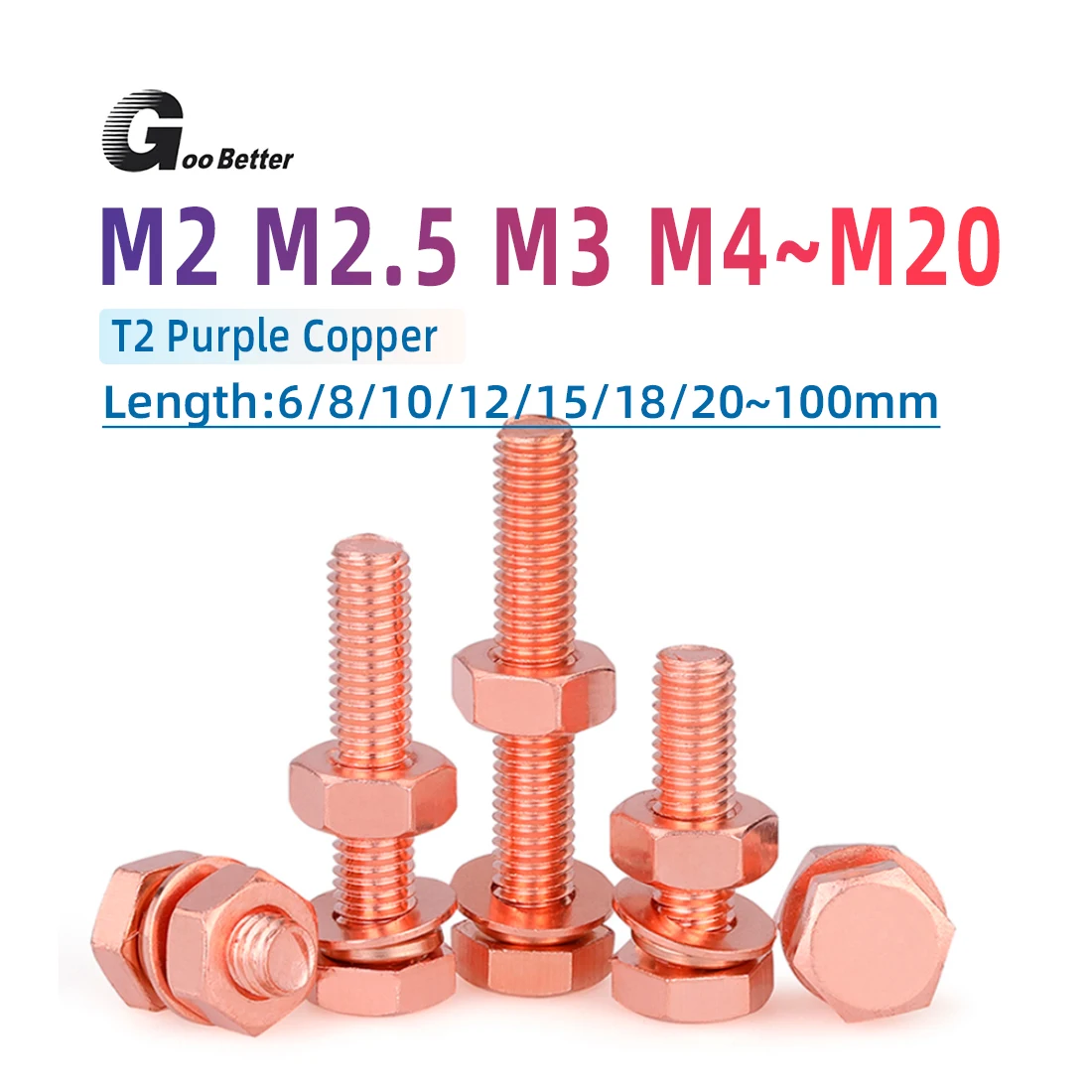 

T2Pure Copper Outer Hexagon Screw Set Conductive Red Copper Copper Conductivity Bolt Double Head Electrolytic Copper Bolt M3~M20