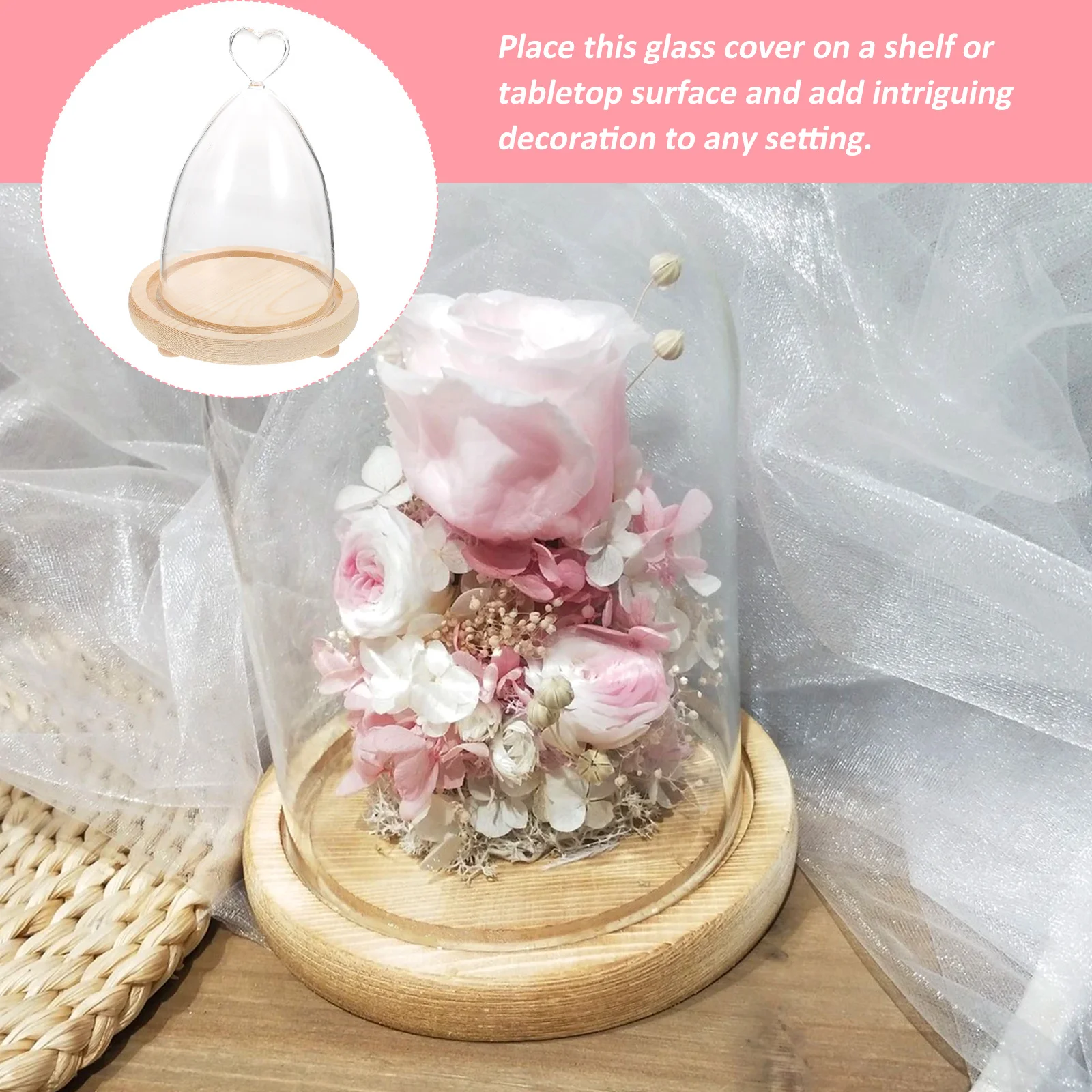 

Transparent Glass Dome with Wooden Base Decorative Glass Cover Floral Display Ornament Valentine's Day Gift Micro Landscape Vase