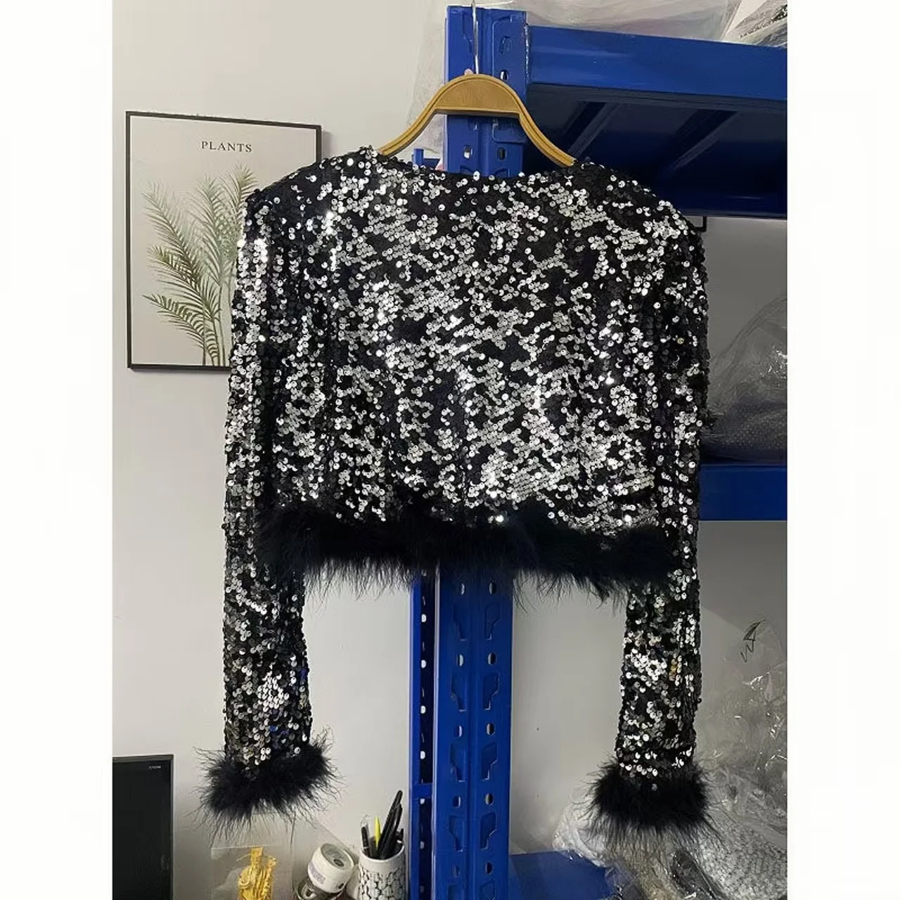 Short Sequined Cardigan Feather Patchwork Jacket European American Style Casual Long Sleeve Autumn Fashion Top for Women