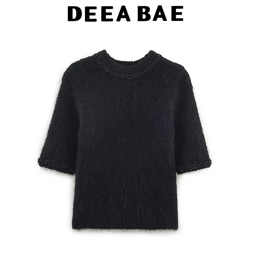 

DEEABAE 2025 Winter New Product Women's Sweet and Spicy Style Loose Round Neck Short Sleeve Jewelry Beaded Knitted Top