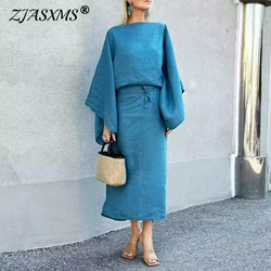 Retro Casual Solid Cotton Linen Dresses Women Elegant Slash Neck Tie-up Long Dress Spring Autumn Batwing Sleeve Sexy Party Dress