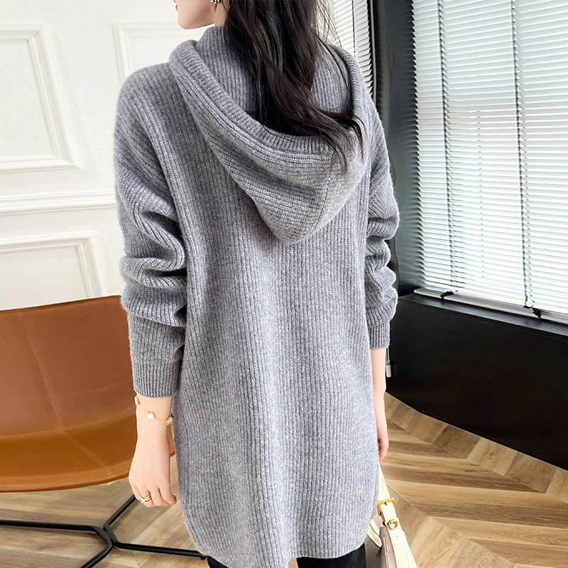 Autumn/winter long hoodie 100% wool cashmere sweater women loose Korean knitted pullover hoodie solid color wear tide big top