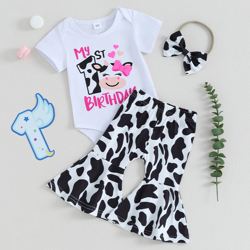 

Toddler Baby Girl 3 Piece Outfits Set Short Sleeve Cow Print Romper Flare Pants Headband Set