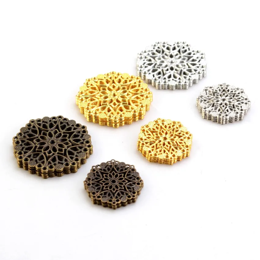 10/30/50pcs Flower Filigree crafts Hollow Embellishments Findings Jewelry Accessories Bronze Tone ornaments 35mm 48mm Wholesale