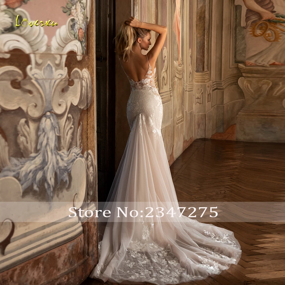 Loverxu syrenka eleganckie suknie ślubne Sweetheart paski Spaghetti Vestido De Novia koronkowa osłona z koralikami suknia ślubna szyta na zamówienie