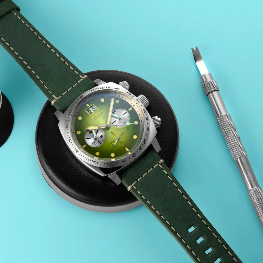 CILOA Men's Racing Chronograph Watch Gradient Green Dial Tachymeter Bezel Stainless Steel Bracelet Sport Quartz Wristwatch