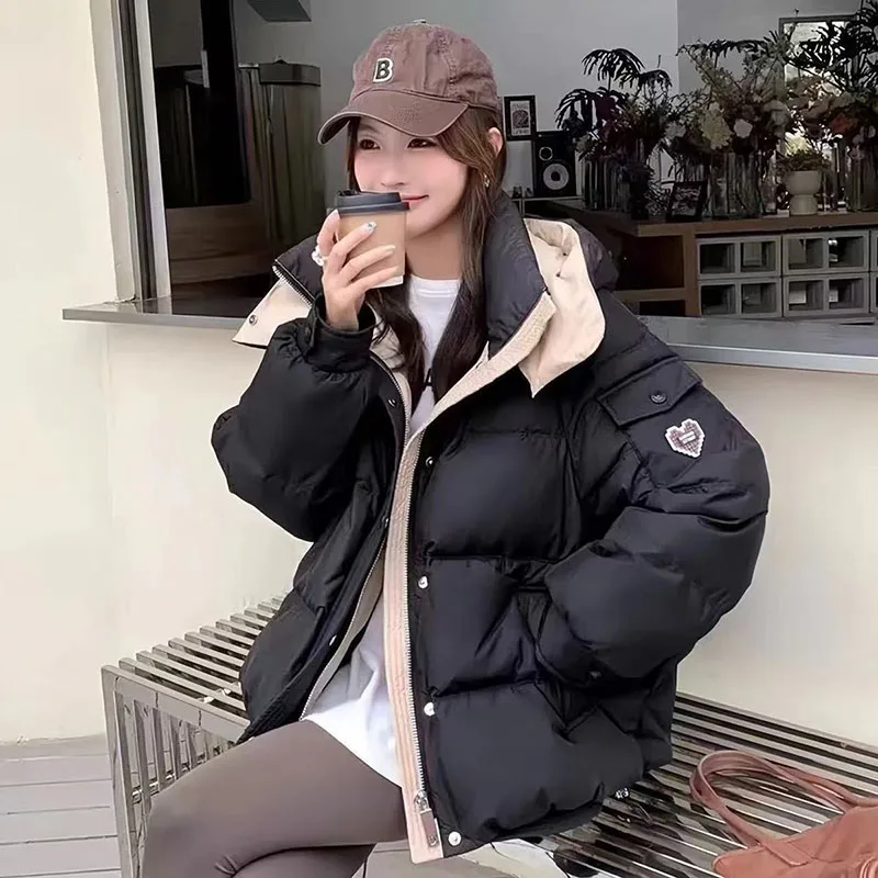 파커 겨울 따뜻한 후드 숏 여성 코튼 재킷 2025 신상 솔리드 컬러 루즈핏 두꺼운 긴팔 패션 여성 코튼 재킷