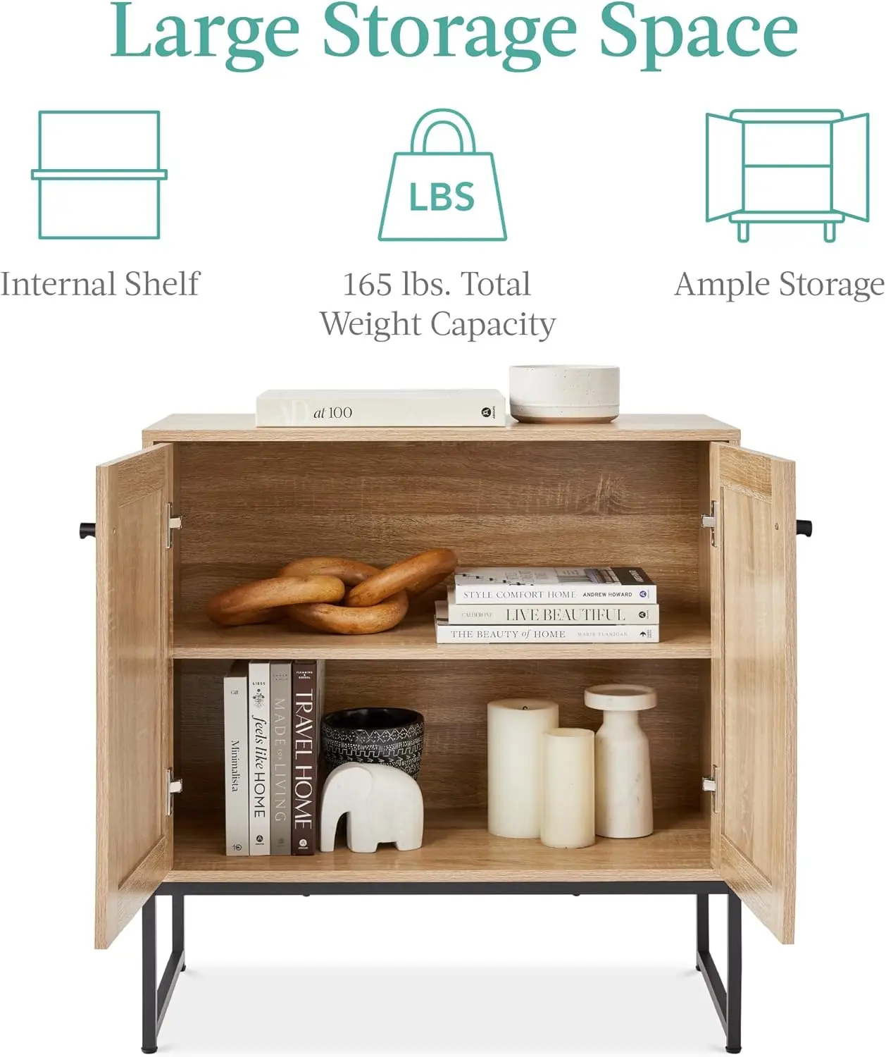 2-Door Rattan Storage Cabinet, Accent Furniture, Multifunctional Cupboard for Living Room, Hallway, Kitchen, Sideboard