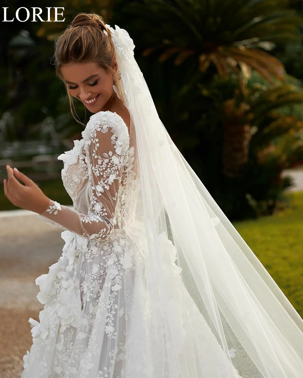 LORIE A-Line V-Neck BOHO Wedding Dresses with 3D Flowers Lace Appliques Long Sleeves Luxurious Princess Bride Wedding Gown 2024