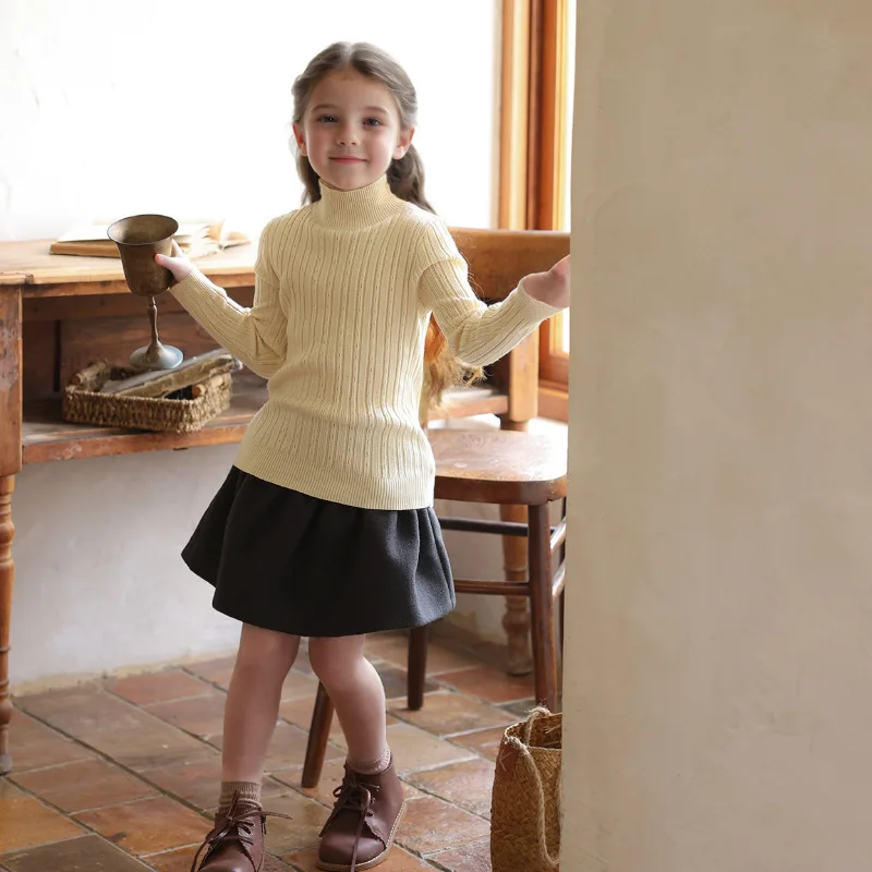 

2-14Y Girls Autumn Winter Sweater 2025 New Fashion Casual Daily Solid Color Long Sleeve High Collar Knitwear All-match