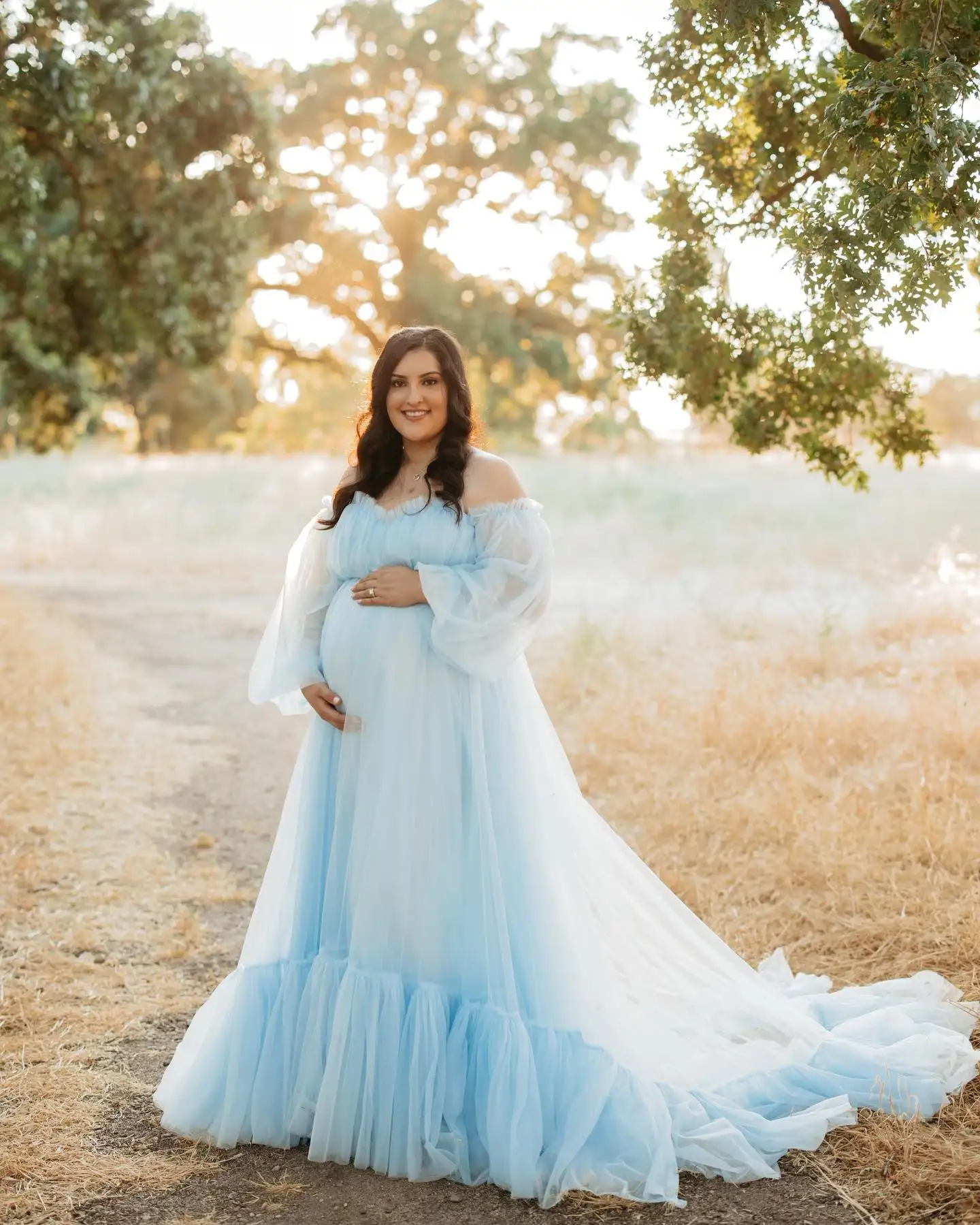 Light Blue Women Pregnant Prom Dress Tulle Full Sleeves Off Shoulder Luxury Evening Party Gown Robes Tailored Made