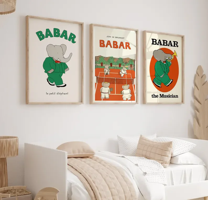 Classic Cartoon Artwork Babar The Elephant Retro Illustration Poster Canvas Painting Wall Art Pictures Home Classroom Decor