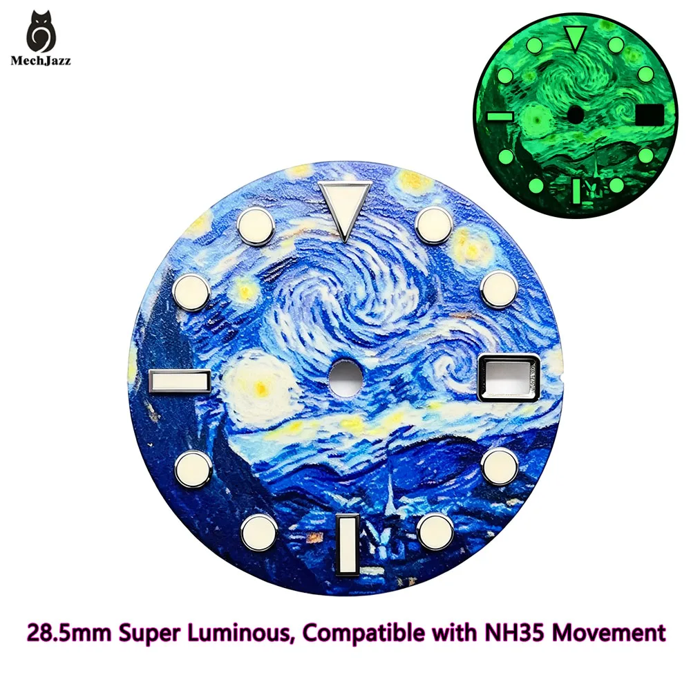 MechJazz 28.5mm Van Gogh The Starry Night Art Pattern Watch Dial Super Luminous Dial For NH35 NH36 Automatic Watch Mod Parts