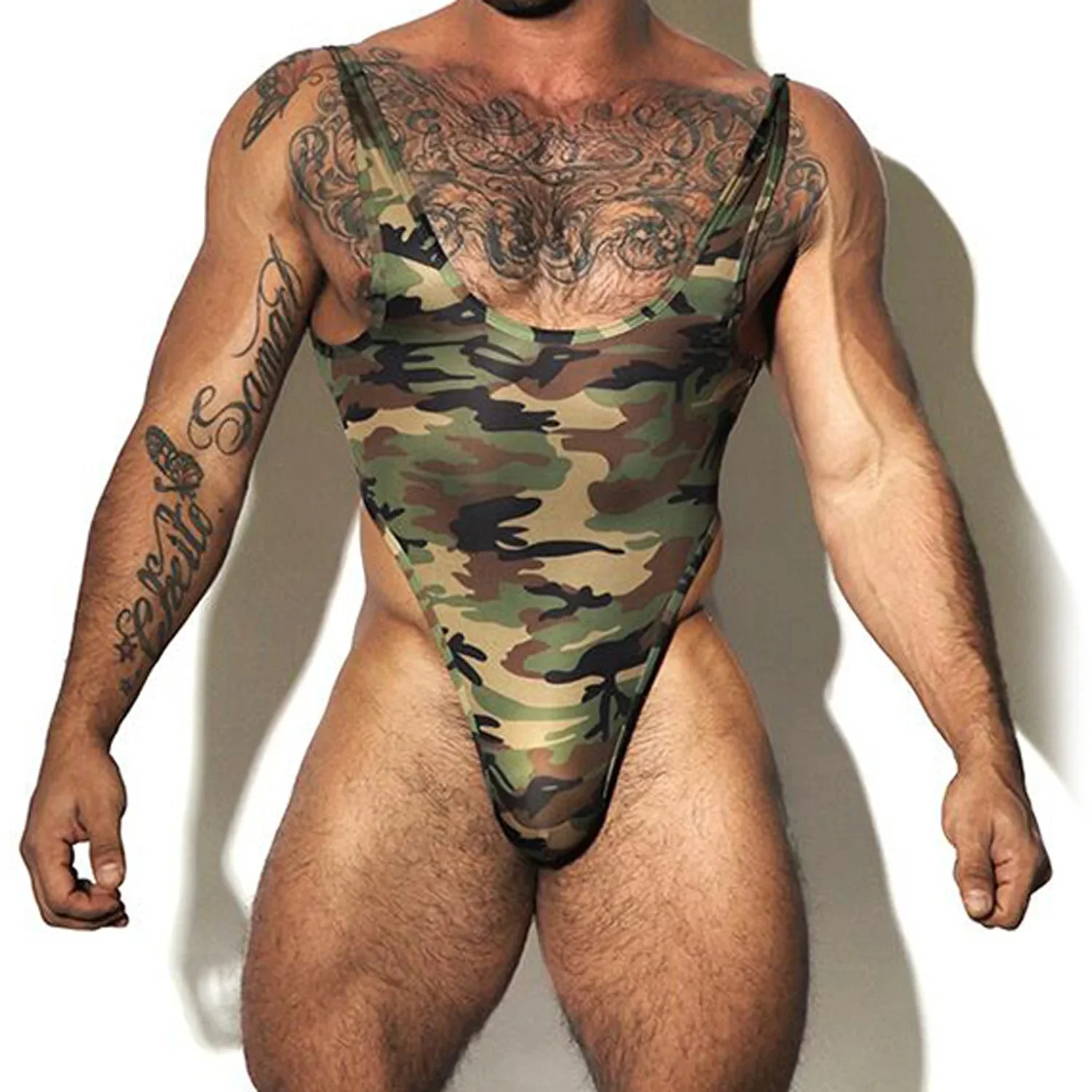 Men's Bodysuit Sports Wrestling Fitness Underwear Camouflage Printing Body Sculpting Jumpsuit Muscle Tight Bikini Swimwear