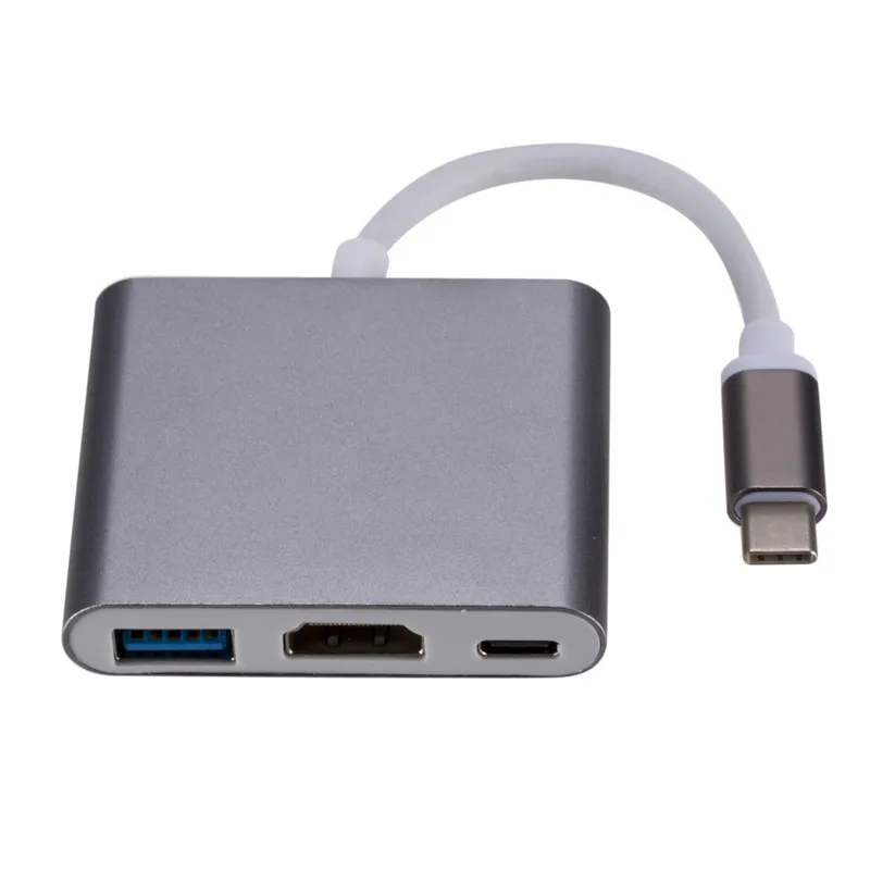 Conversor usb 3.1 USB-C para hd adaptador hub 3-em-1 tipo-c para hdmi-compatível/usb 3.0/tipo-c alumínio para apple macbook adaptador