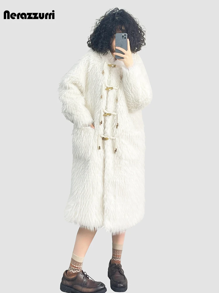 

Nerazzurri Autumn Winter Long Shaggy Hairy Thick Warm Soft Faux Fur Coat Women with Horn Buttons Preppy Style Fluffy Jacket 2023