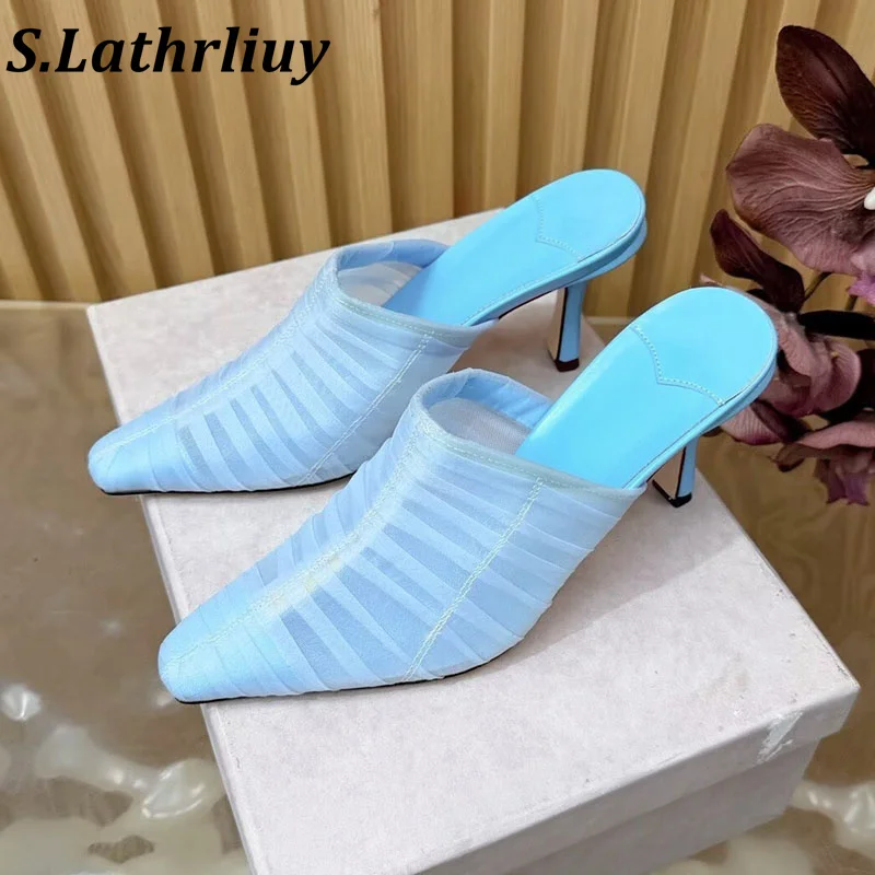 Slippers mesh pleated design, pointed high-heeled sandals fashionable solid color party fashion shoes office commuting slippers