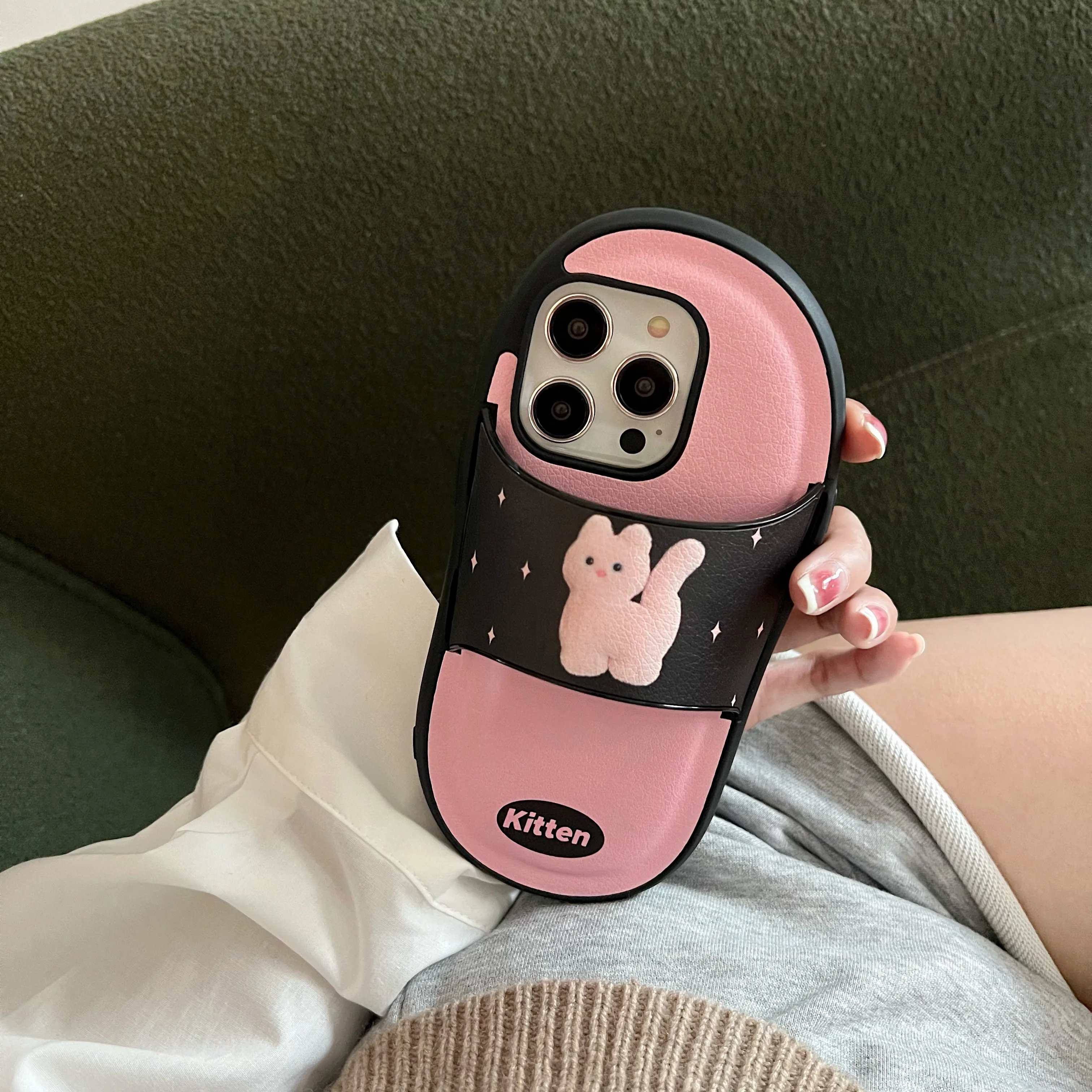 Korean INS Funny Pink Kitty Leather Slipper Case for iPhone 15 14 13 Pro Max Back Phone Cover for 12 11 X XR Xs 7 8 SE2020 Funda