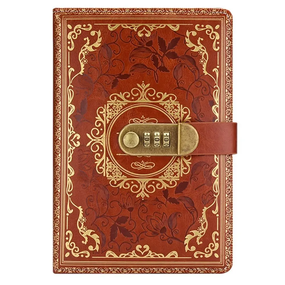 PU Leather A5 Journal Notebook Embossed Design Hard Cover Personal Planner Organizers Combination Lock Ruled Lined Paper