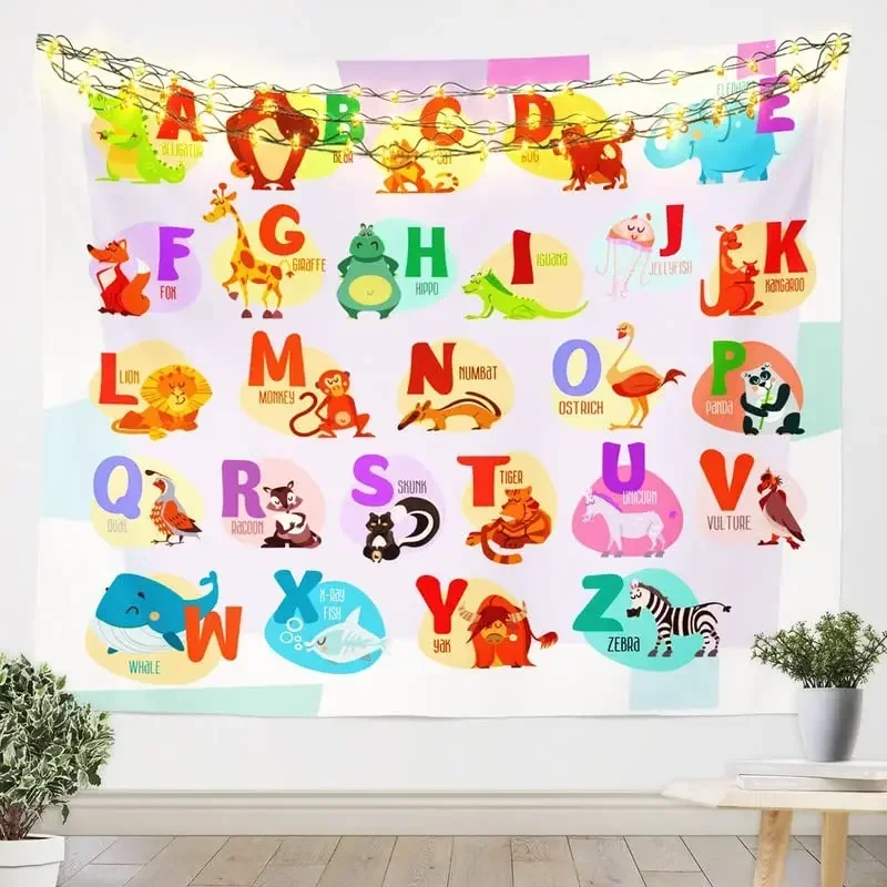 ABC Tapestry Funny Cartoon Alphabet Tapestry Fox Monkey Snake Animals Typography Wall Hanging Decor for Bedroom Living Room Dorm