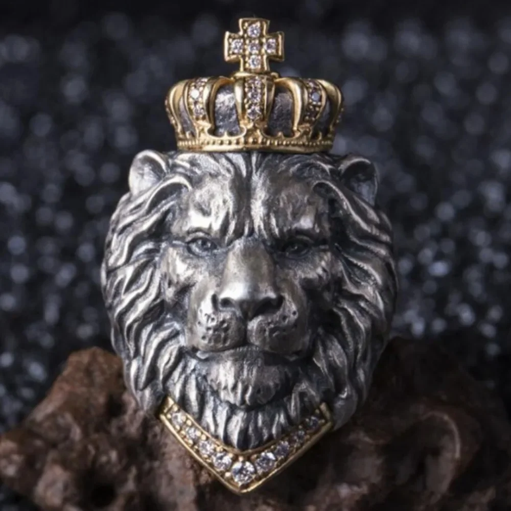 Vintage Crown Lion Rings for Men Inlay Shiny Zircon Cross Stainless Steel Jewelry Hiphop Punk Style Accessories Creative Gifts