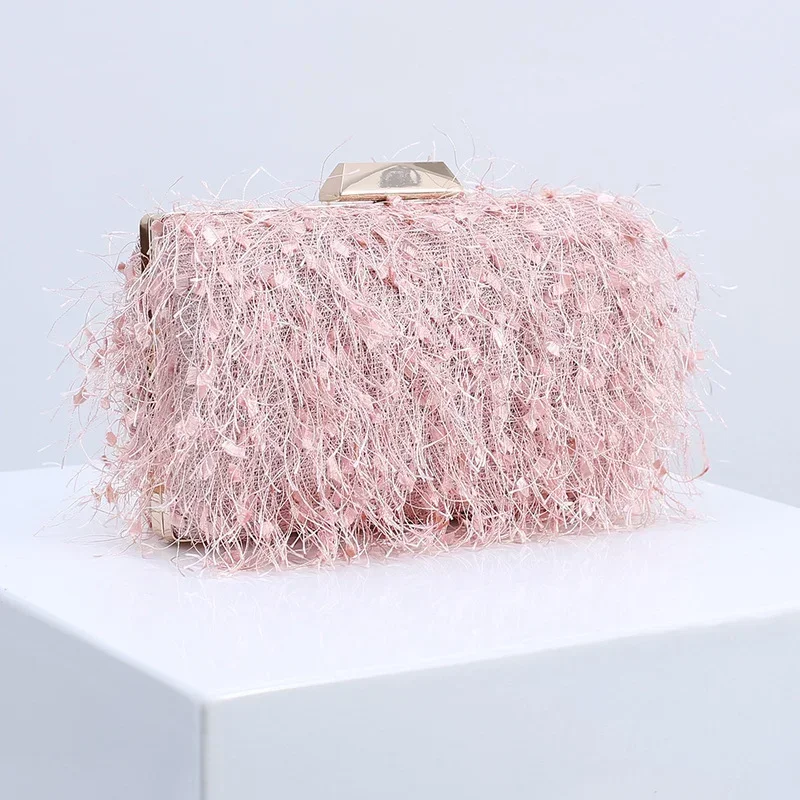 Pink Bag Fashion Tassesl Clutch Bag Women Cute Fluffy Purse Elegant Crossbody Chain Shoulder Wedding Party Bag Female Handbag