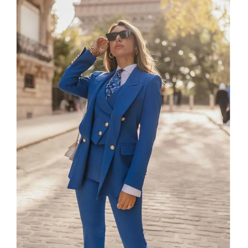 Luxury Blue Women's Suits Double Breasted Three Piece Jacket Pants Vest Female Clothing Slim Fit Smart Office Lady Blazer Sets