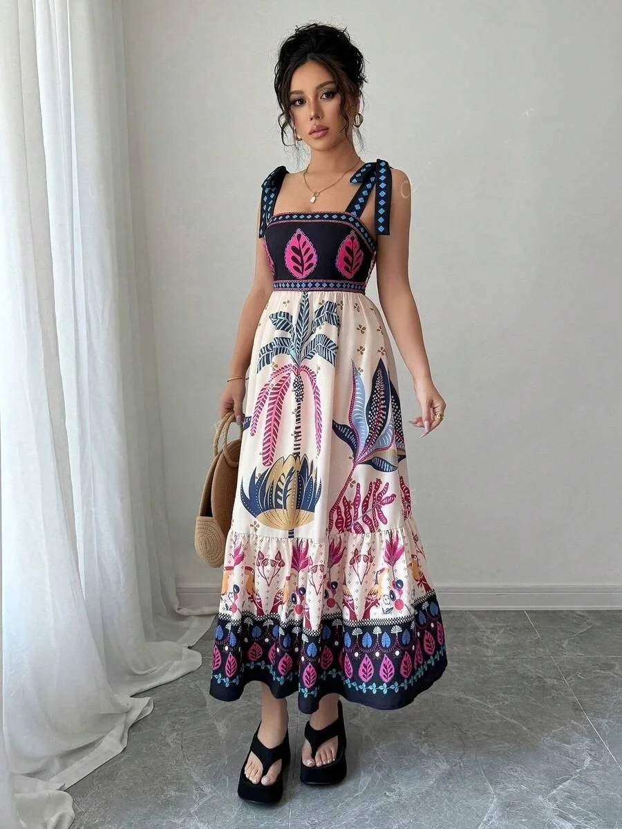 Sukienka na szelkach w stylu boho z nadrukiem, seksowna, z odkrytymi ramionami, elastyczna, z wysokim stanem, z szerokim dołem, długa, codzienna, wakacyjna odzież damska.