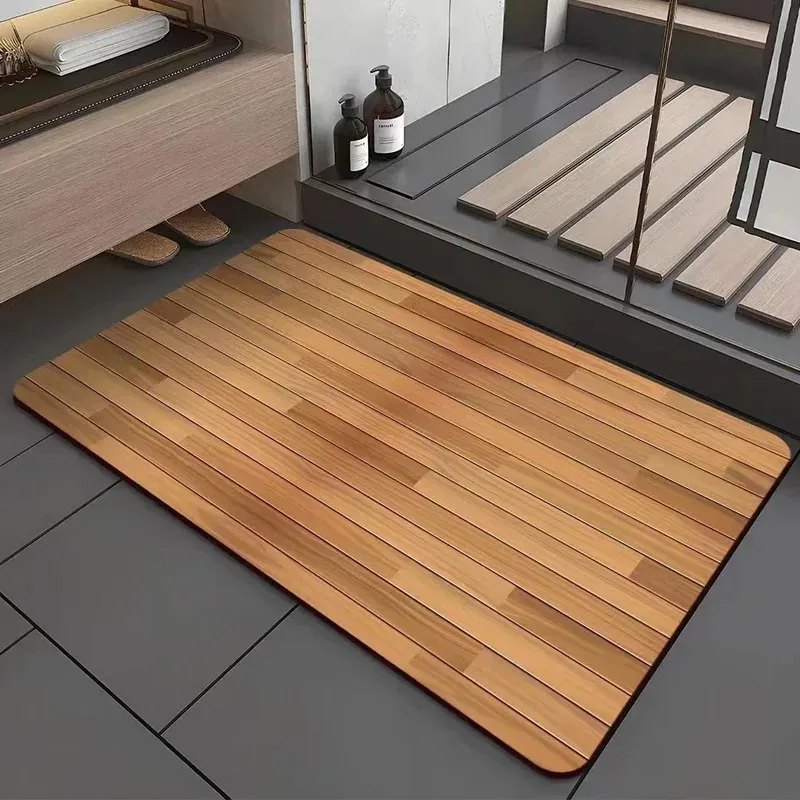 VIKAMA Diatomeenerde-Badematte, Retro-Holzmaserung, Wasserabsorbierend Rutschfest Schnelltrocknender Badteppich