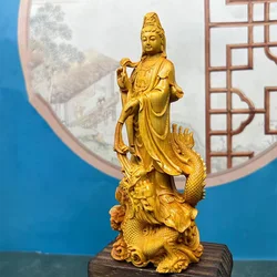 Natural Wood Dragon Guanyin Buddha Statue, Traditional Hand-carved Chinese Buddhist Figures Home Living Room Feng Shui Statue