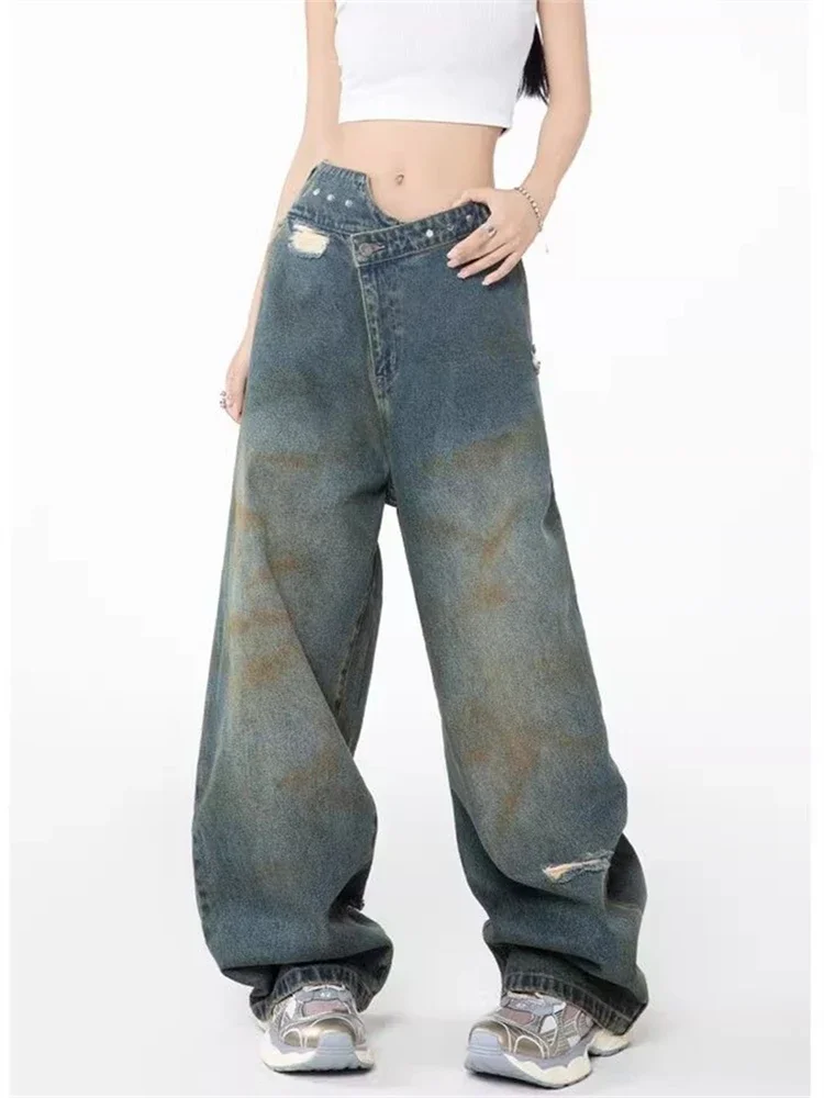 

Women's Irregular Design Vintage Blue Unisex Jeans Fashion Denim Trousers Bottoms Female High Waist Straight Wide-leg Pants