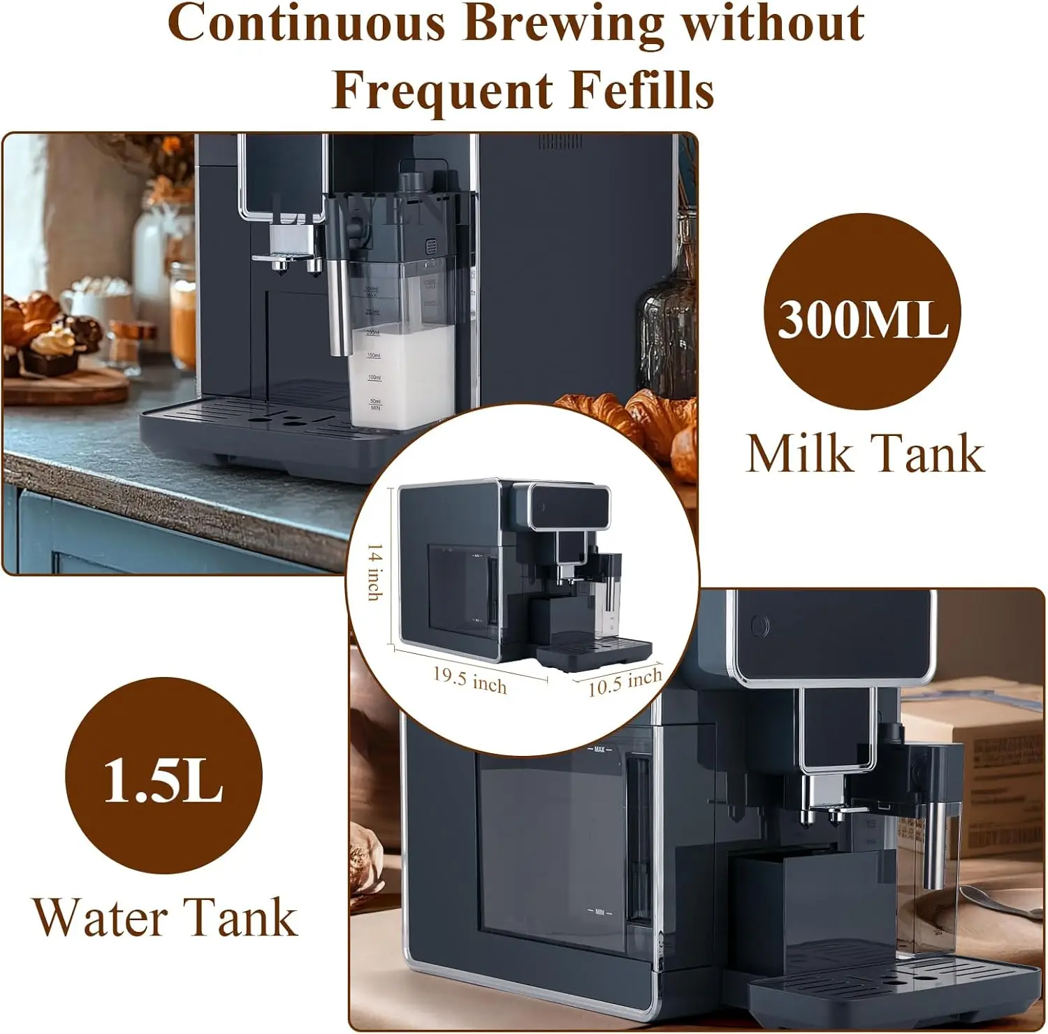 ماكينة صنع القهوة الأوتوماتيكية بالكامل مع مطحنة مدمجة 3 مستويات ماكينة قهوة اسبريسو/كابتشينو/لاتيه/أمريكانو مع التنظيف الذاتي