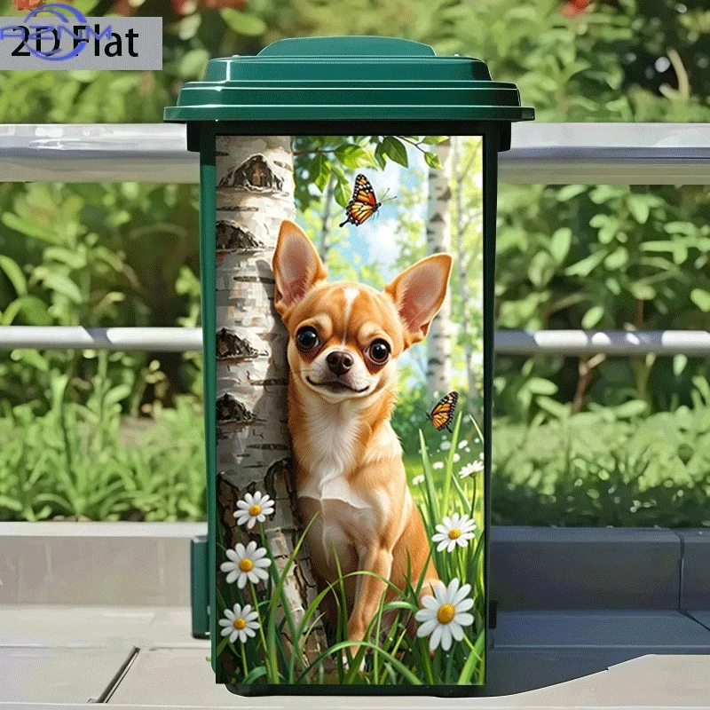 [Chihuahua Trash Can Sticker] Chihuahua in Flower Bush Theme - 1pc Self-Adhesive Trash Can Sticker, × cm, Wall Decoration for