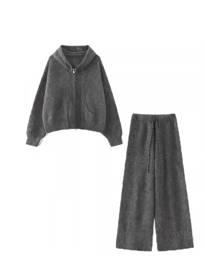 

Women's Wool Blend Knitted Set Loose Wide Leg Pants High Waist Zipper Closure Comfortable Warm Fashion Autumn Winter Set
