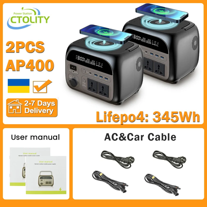 CTOLITY 500W Portable Power Station 345.6Wh Solar Generator LiFePo4 Batteries AC 220V Energy Storage Supply Camping 2PCS AP400