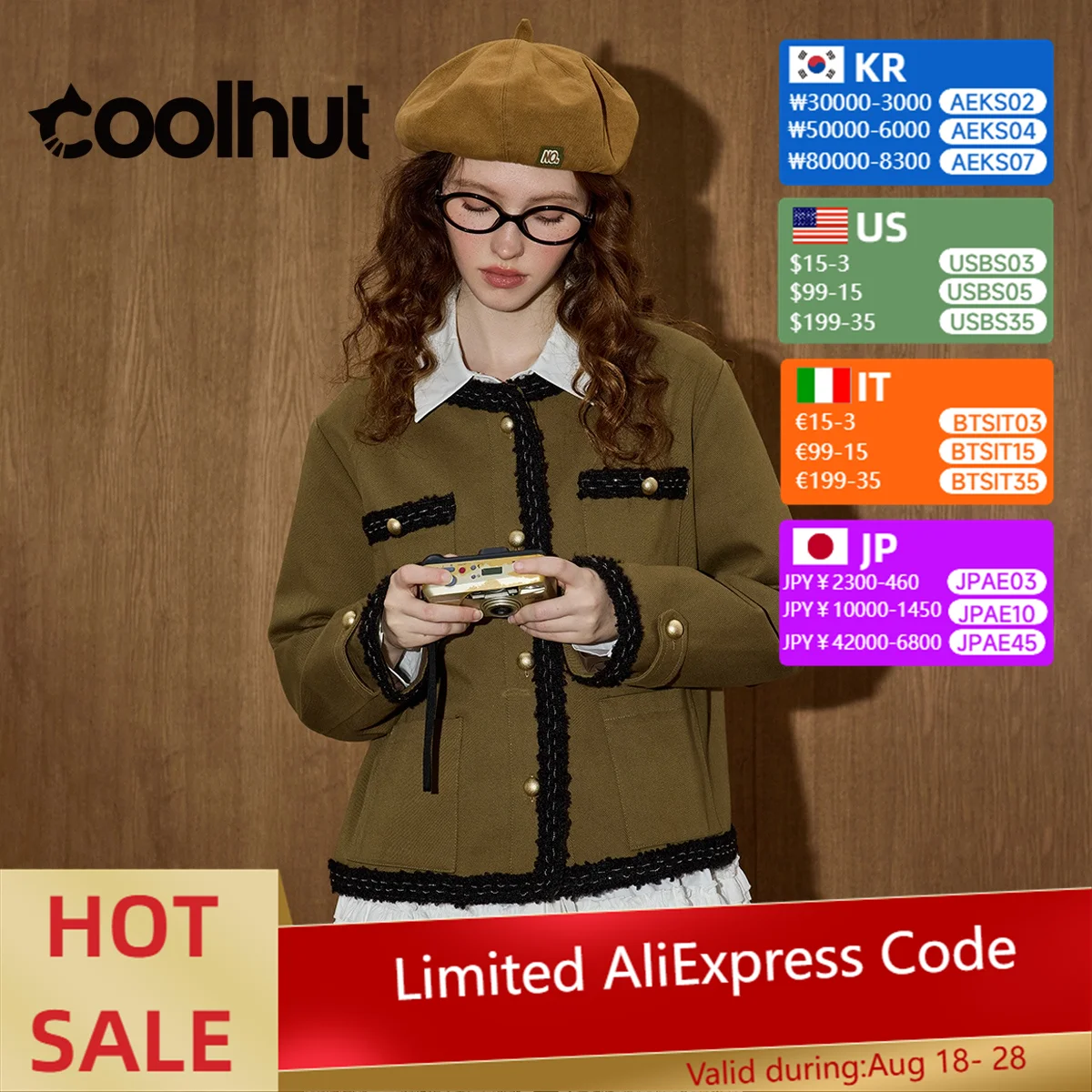 

COOLHUT Women's 2025 French Vintage Chic Contrast Trim Short Jacket Long Sleeve Loose Fit Pocket Detail Niche Fall Outerwear