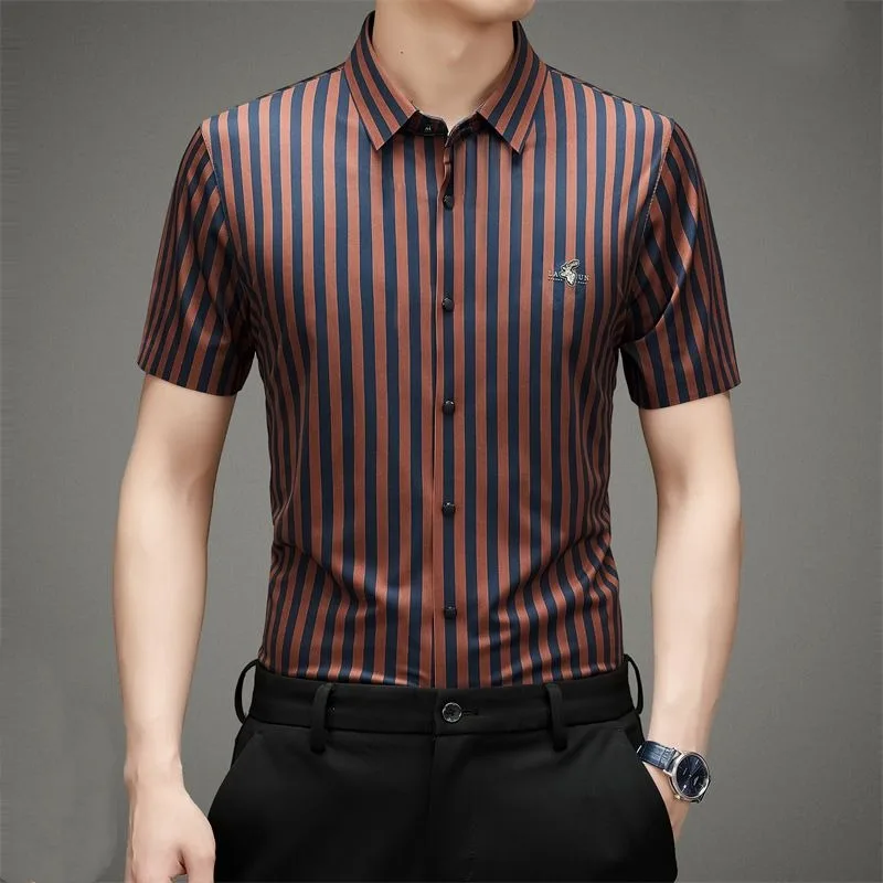 Summer Men\'s Clothing Short Sleeve Turn-down Collar Contrast Color Striped Button Cardigan Shirt Casual Business Modern Tops