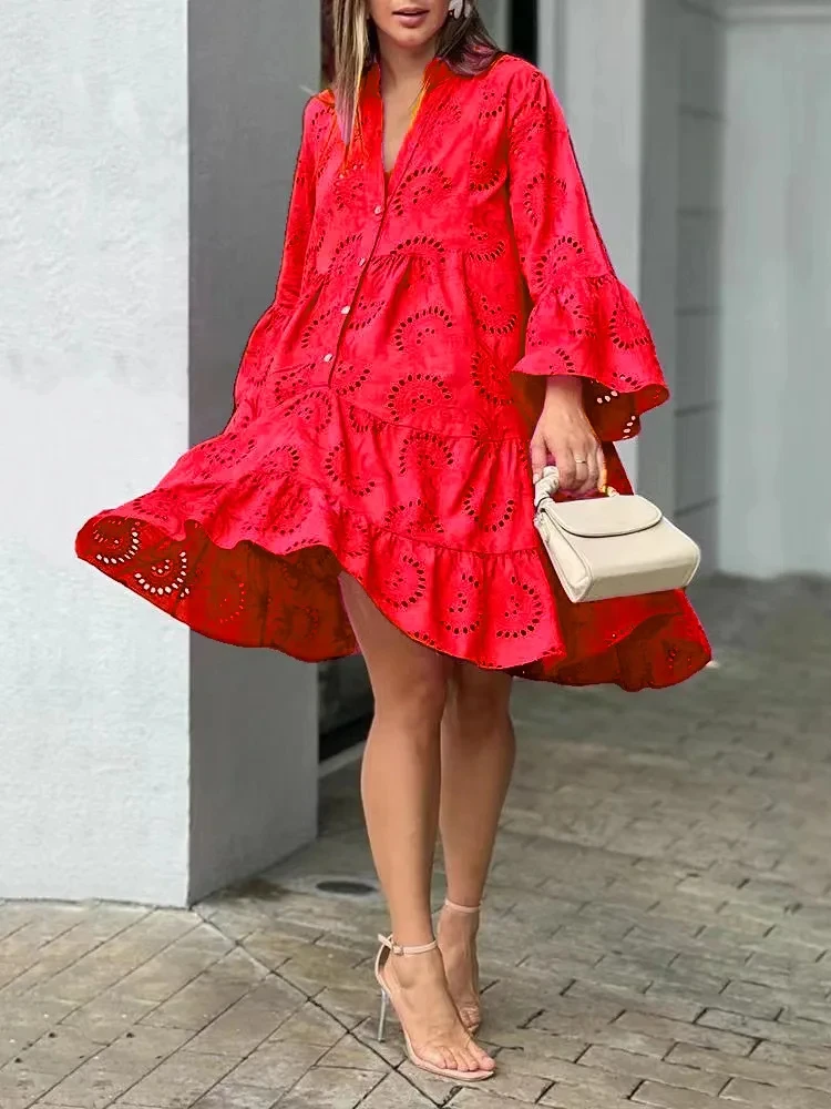 

Hollow Out Dresses for Women Summer Autumn Elegant Vintage Solid Lace Dress V-neck Loose Embroidery Vestidos Beach Mini Dresses