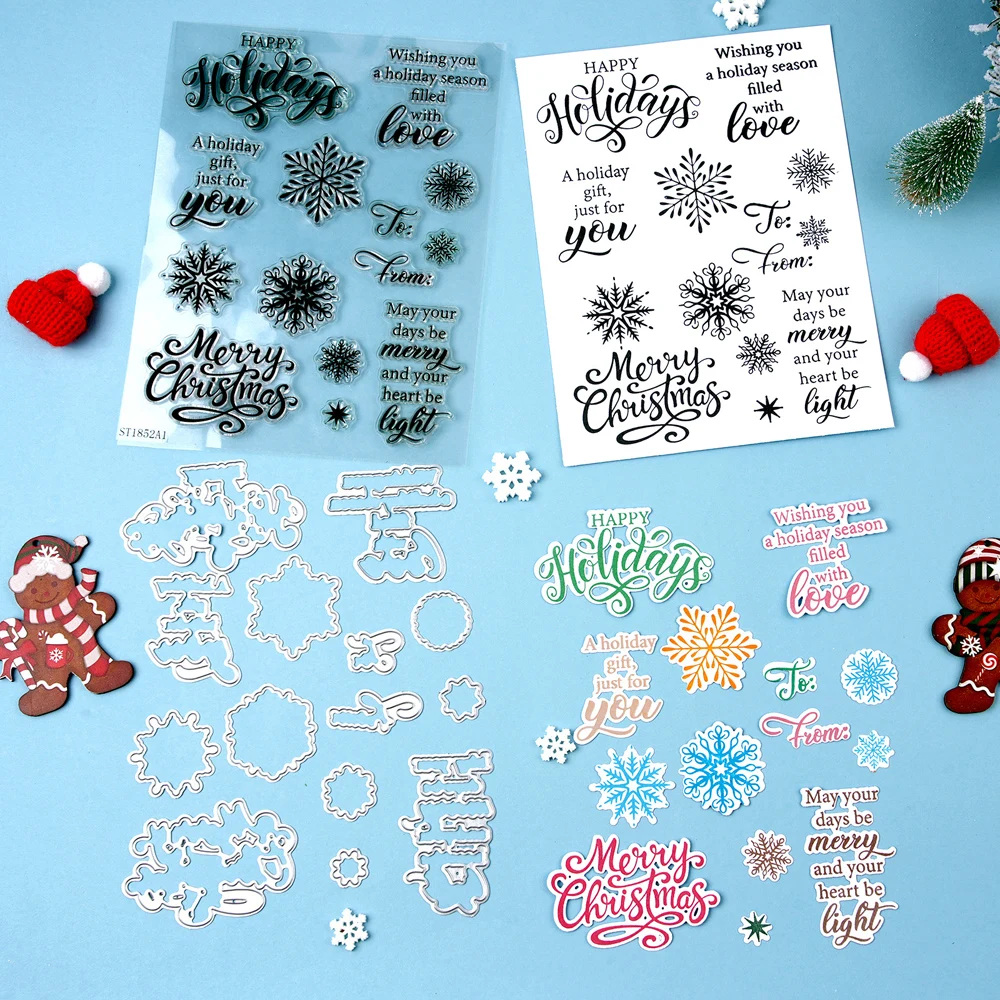 

Christmas Clear Stamps & Dies Set Merry Christmas/happy Holidays Phrases Snowflake Scrapbooking Card Making Paper Craft Diy