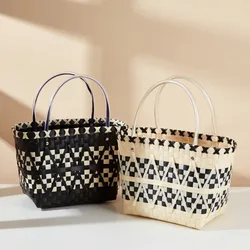 New Arrivals Plastic Woven Women's Handbag Fashion Black White Color Contrast Tote Bag Summer Travel Holiday Shopping Beach Bag