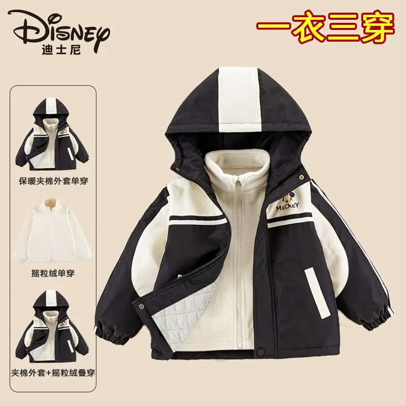 Disney Mickey เด็กชายและเด็กหญิงน่ารักฤดูใบไม้ร่วงและฤดูหนาวส่วนบุคคลอินเทรนด์การ์ตูนประกบผ้านวมแจ็คเก็ตลําลองสามในหนึ่งเดียว