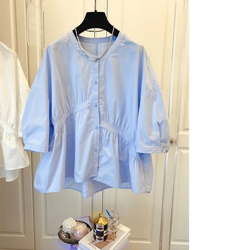 

Korean Design Summer New Loose Asymmetric Pleated Doll irt Women's Faionable Splicing Design Casual Cotton Blend Blouse