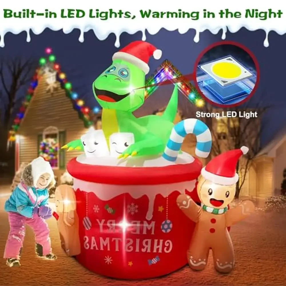 Festive Santa Hat Dinosaur Gingerbread Man Christmas Inflatable Yard Decor with LED Lights