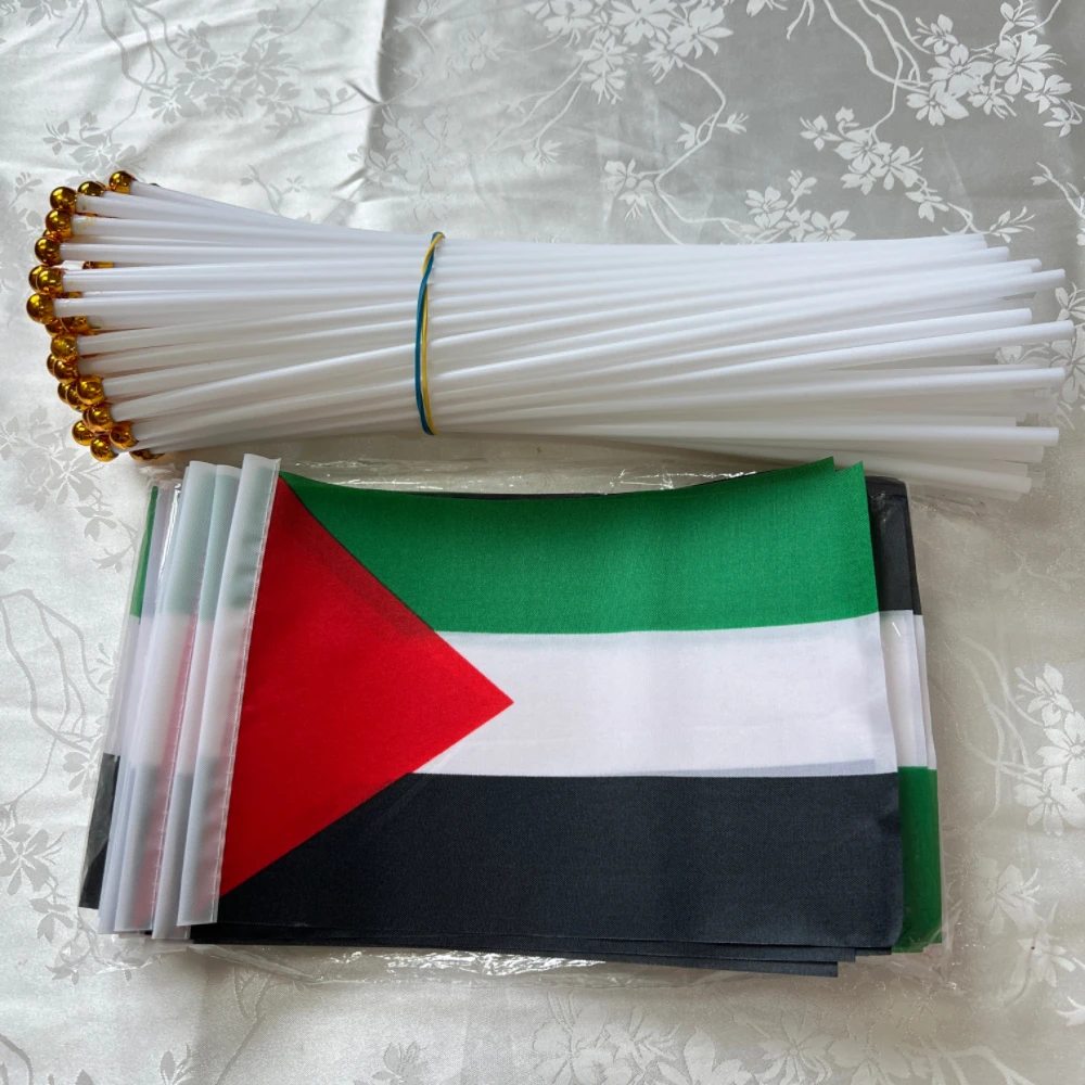Palestine Flag 14x21cm Portable Hand Waving Palestinian Banner Polyester Fade-Resistance Plastic Flagpole for Events