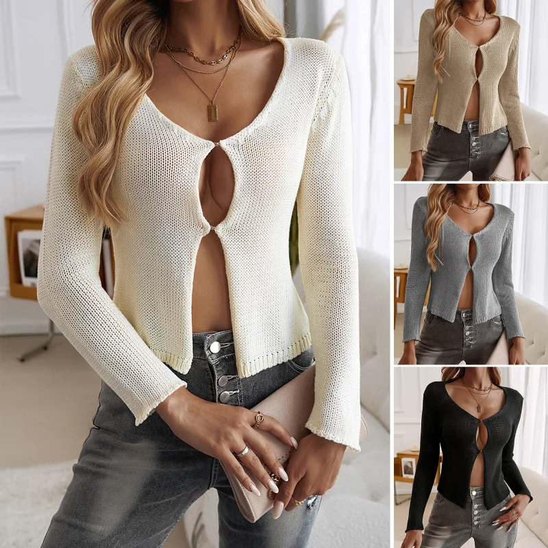 DY-2024Autumn and Winter Sexy Hot Girl Hollow out Hidden Hook Cardigan Long Sleeve Sweaters Women's Clothing