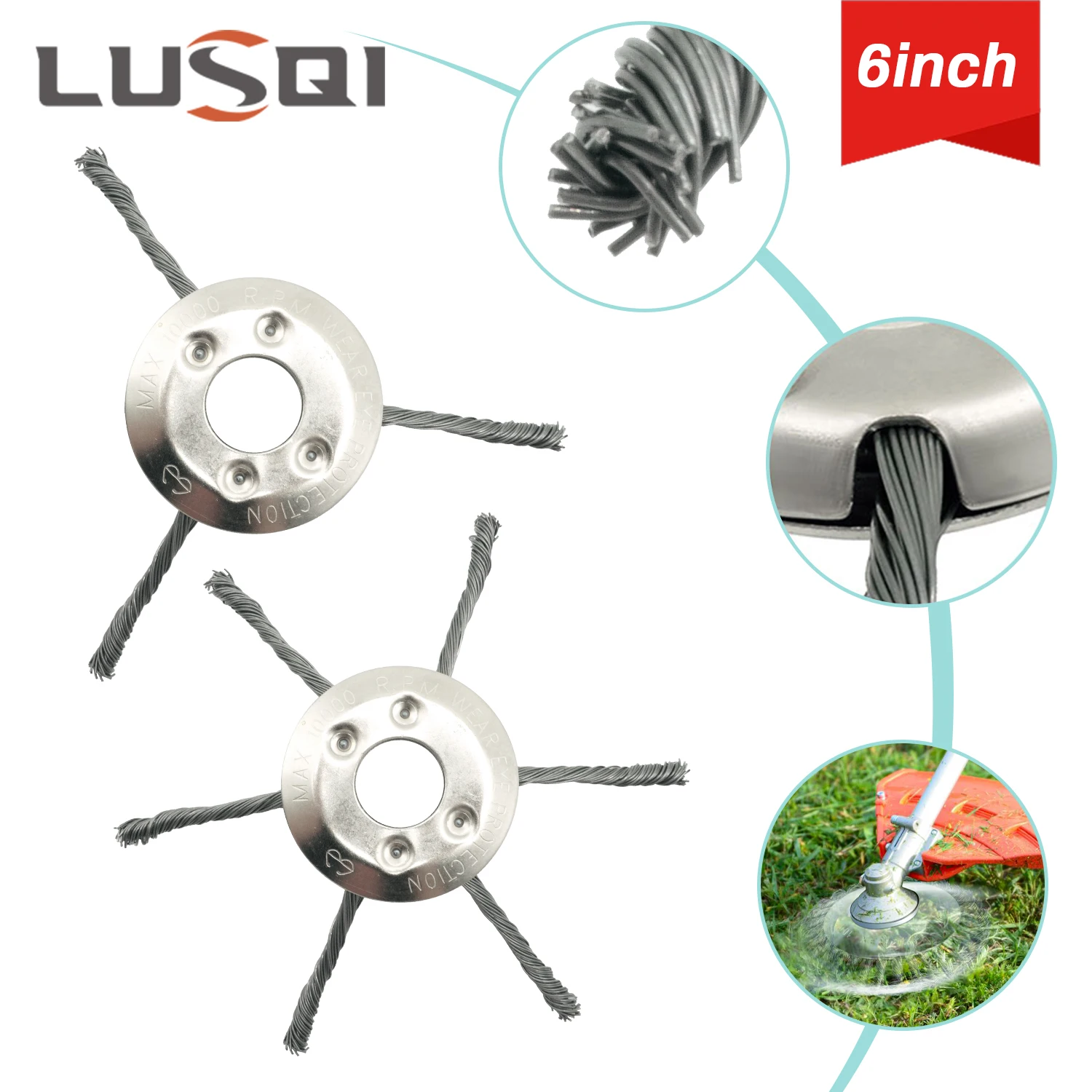 

LUSQI 6inch Steel Wire Wheel Grass Trimmer Head 2Pcs Universal Weed Brush Fit Straight Shaft Brushcutter Removal Moss Rust