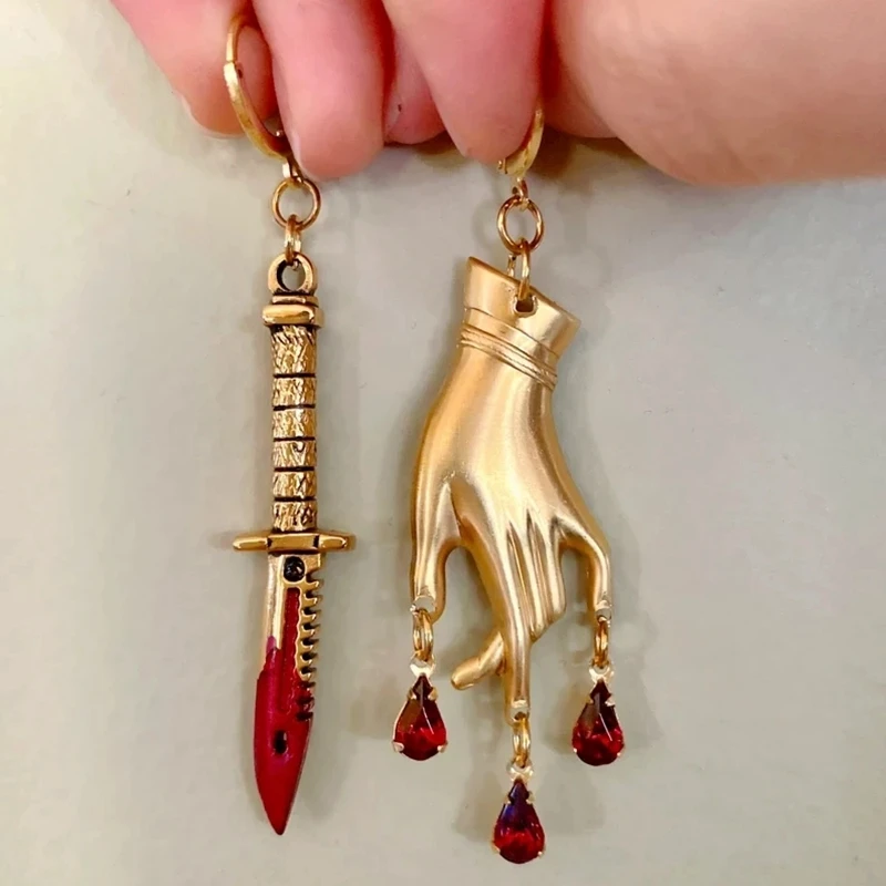 The Asymmetrical gold plated Lady & Dagger Earrings,Boho Earrings,Aesthetic Dangle Earrings