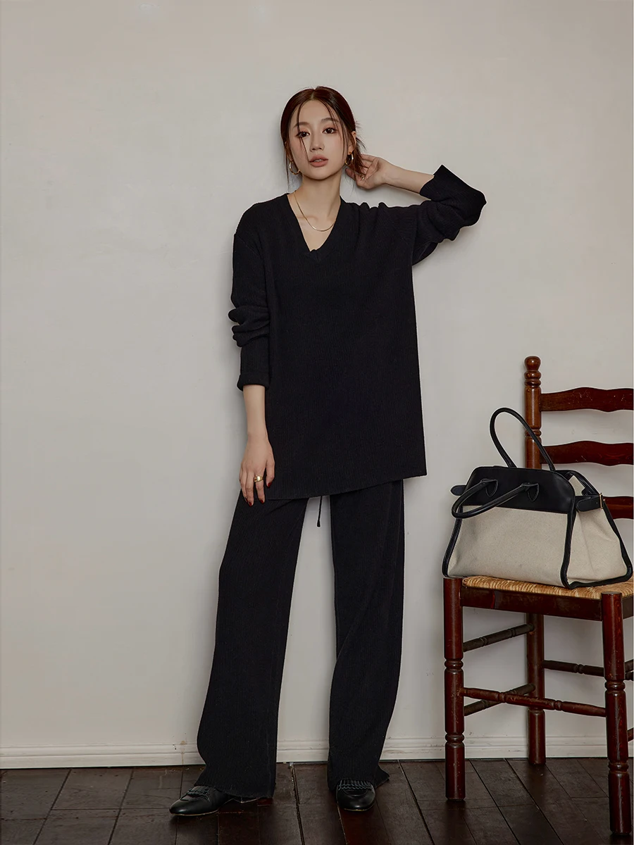 

Шикарный вязаный комплект из шерстяных брюк прямого кроя, высококачественный материал, эффект похудения, модная осенняя коллекция