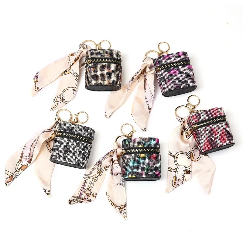 

Rhinestone Oval Leopard Print Portable Headphone Bag DIY Handmade Keychain Pendant Bag