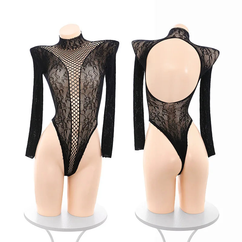 Puro desejo lingerie sexy malha oca jacquard astringente manga longa macacão ousado rasgo design quente lenceria para mulher